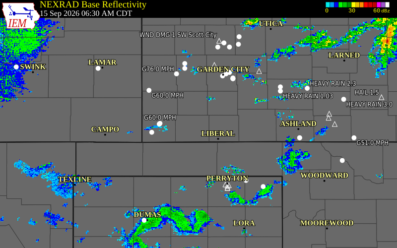 Current NEXRAD radar over Seward County, Kansas with recent storm report locations