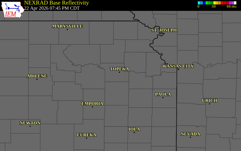 NEXRAD radar during the Wednesday, April 22, 2026 storm activity in Shawnee County, Kansas