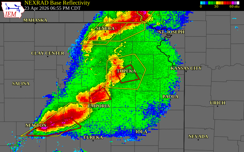 NEXRAD radar during the Thursday, April 23, 2026 storm activity in Shawnee County, Kansas