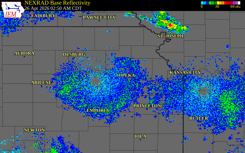 NEXRAD radar during the Sunday, April 26, 2026 storm activity in Shawnee County, Kansas