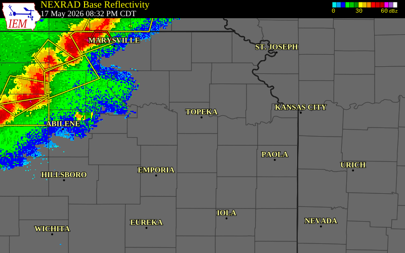 NEXRAD radar during the Sunday, May 17, 2026 storm activity in Shawnee County, Kansas