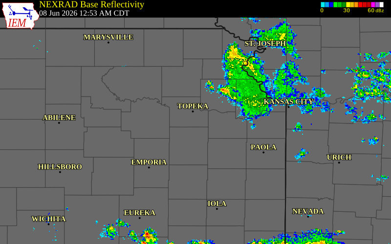 NEXRAD radar during the Monday, June 8, 2026 storm activity in Shawnee County, Kansas