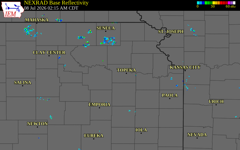 NEXRAD radar during the Wednesday, July 8, 2026 storm activity in Shawnee County, Kansas