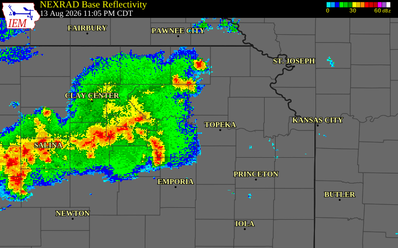 NEXRAD radar during the Thursday, August 13, 2026 storm activity in Shawnee County, Kansas