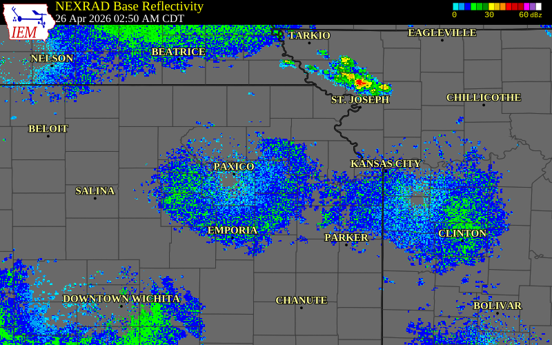 Radar snapshot during the Apr 26, 2026 hail event near 4 NW Topeka, Shawnee County, Kansas, with NWS warning polygons