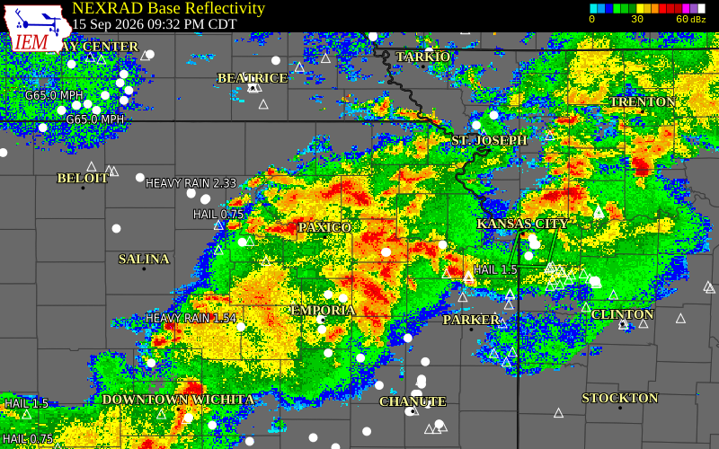 Current NEXRAD radar over Shawnee County, Kansas with recent storm report locations