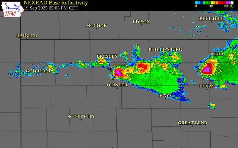 NEXRAD radar during the Friday, September 19, 2025 storm activity in Sheridan County, Kansas