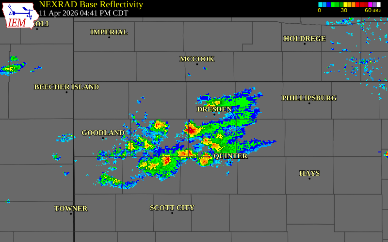 NEXRAD radar during the Saturday, April 11, 2026 storm activity in Sheridan County, Kansas