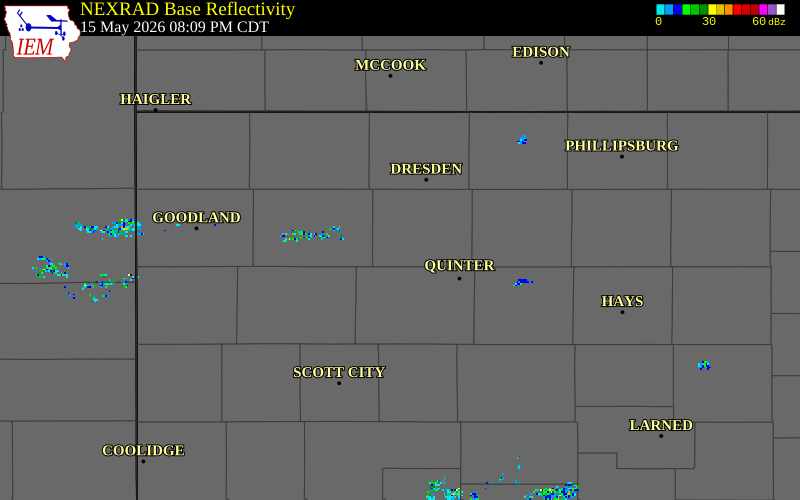 NEXRAD radar during the Friday, May 15, 2026 storm activity in Sheridan County, Kansas