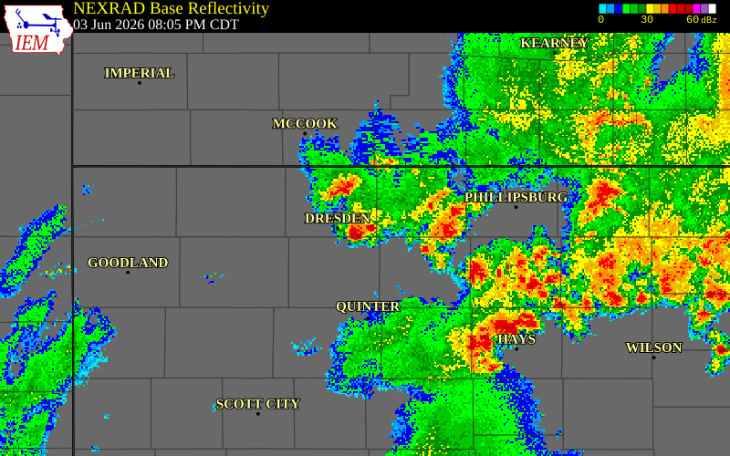 NEXRAD radar during the Wednesday, June 3, 2026 storm activity in Sheridan County, Kansas