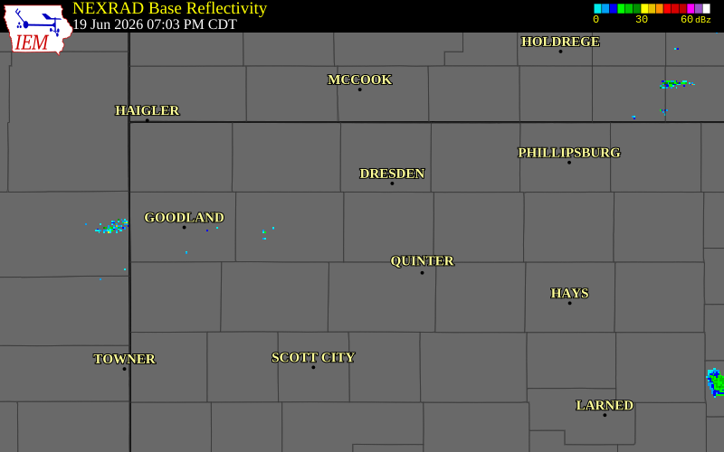 NEXRAD radar during the Friday, June 19, 2026 storm activity in Sheridan County, Kansas