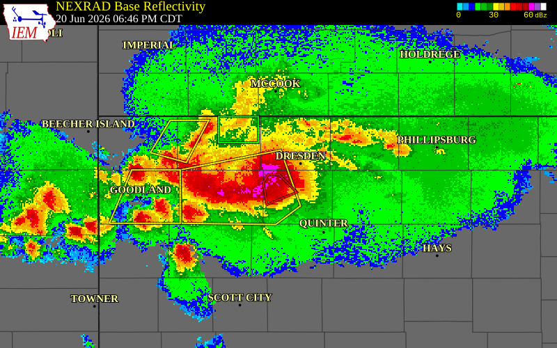 NEXRAD radar during the Saturday, June 20, 2026 storm activity in Sheridan County, Kansas
