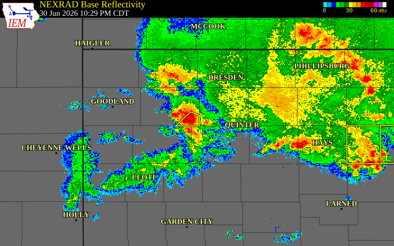 NEXRAD radar during the Tuesday, June 30, 2026 storm activity in Sheridan County, Kansas