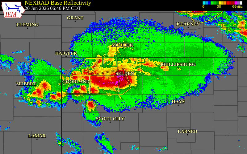 Radar snapshot during the Jun 20, 2026 tornado event near 2 W Selden, Sheridan County, Kansas, with NWS warning polygons