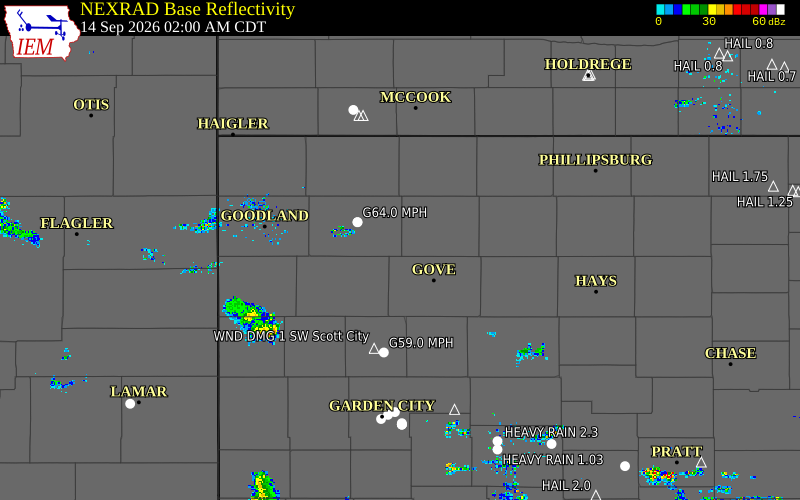 Current NEXRAD radar over Sheridan County, Kansas with recent storm report locations