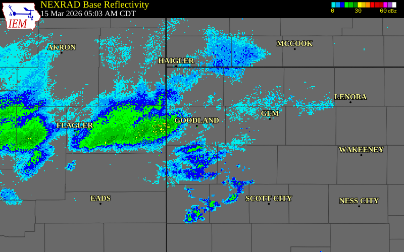 NEXRAD radar during the Sunday, March 15, 2026 storm activity in Sherman County, Kansas