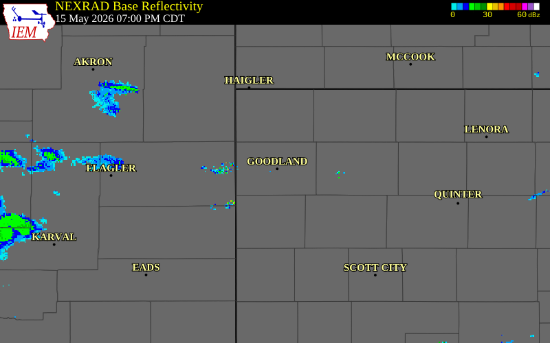 NEXRAD radar during the Friday, May 15, 2026 storm activity in Sherman County, Kansas