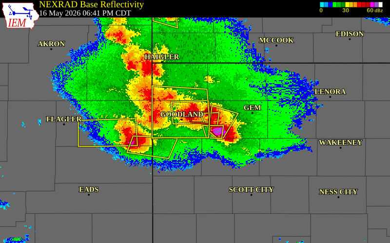 NEXRAD radar during the Saturday, May 16, 2026 storm activity in Sherman County, Kansas