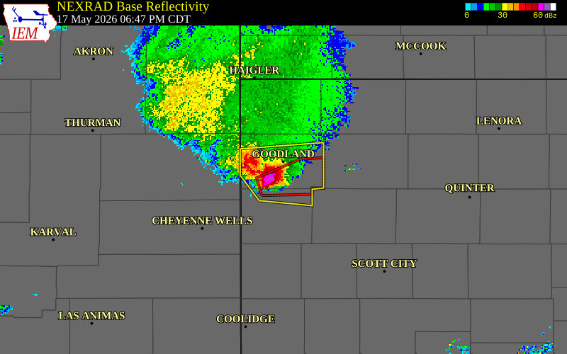 NEXRAD radar during the Sunday, May 17, 2026 storm activity in Sherman County, Kansas