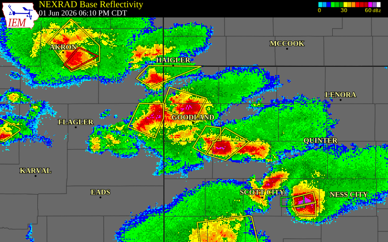 NEXRAD radar during the Monday, June 1, 2026 storm activity in Sherman County, Kansas