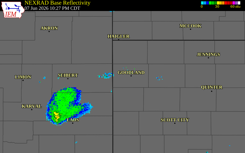 NEXRAD radar during the Sunday, June 7, 2026 storm activity in Sherman County, Kansas