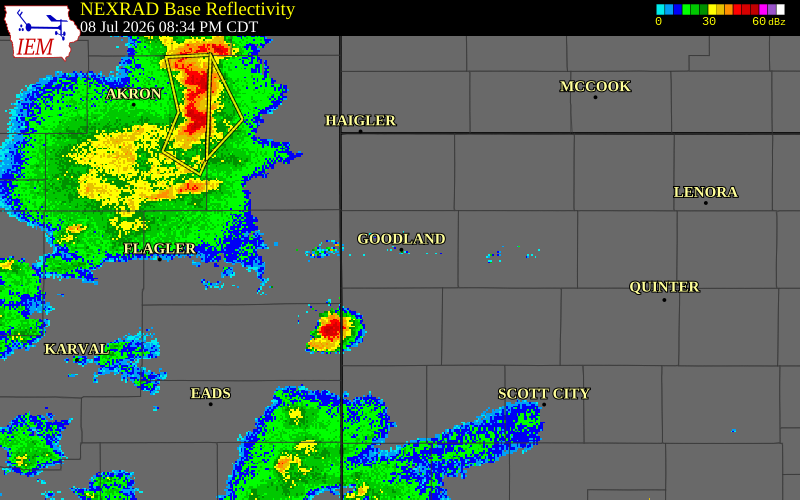 NEXRAD radar during the Wednesday, July 8, 2026 storm activity in Sherman County, Kansas