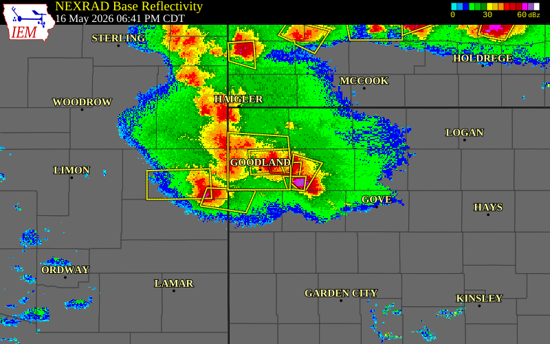 Radar snapshot during the May 16, 2026 tornado event near 1 WNW Edson, Sherman County, Kansas, with NWS warning polygons