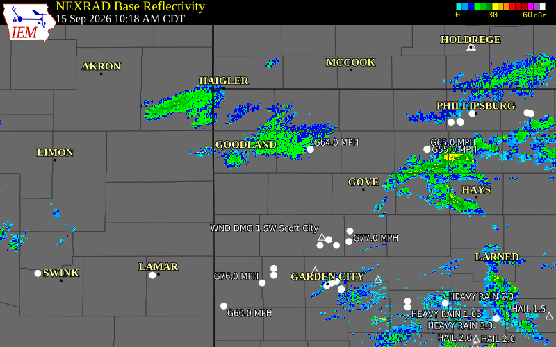 Current NEXRAD radar over Sherman County, Kansas with recent storm report locations