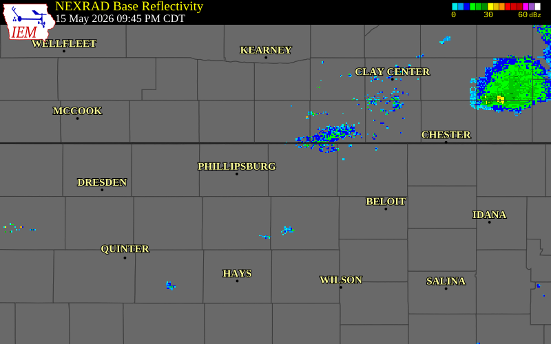 NEXRAD radar during the Friday, May 15, 2026 storm activity in Smith County, Kansas