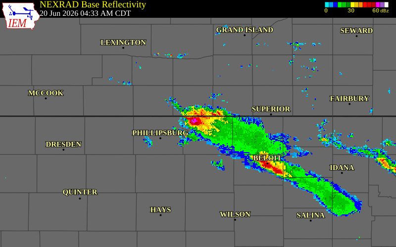 NEXRAD radar during the Saturday, June 20, 2026 storm activity in Smith County, Kansas