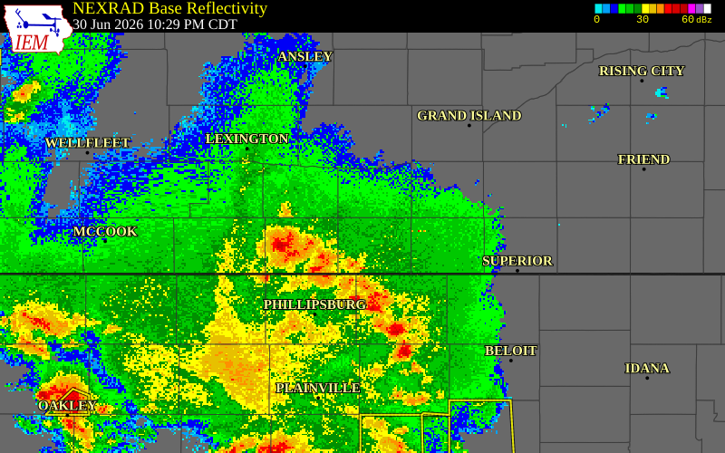 NEXRAD radar during the Tuesday, June 30, 2026 storm activity in Smith County, Kansas