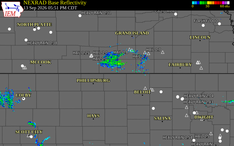 Current NEXRAD radar over Smith County, Kansas with recent storm report locations