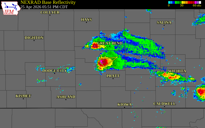 NEXRAD radar during the Saturday, April 25, 2026 storm activity in Stafford County, Kansas