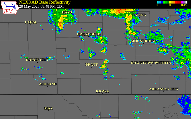 NEXRAD radar during the Thursday, May 28, 2026 storm activity in Stafford County, Kansas