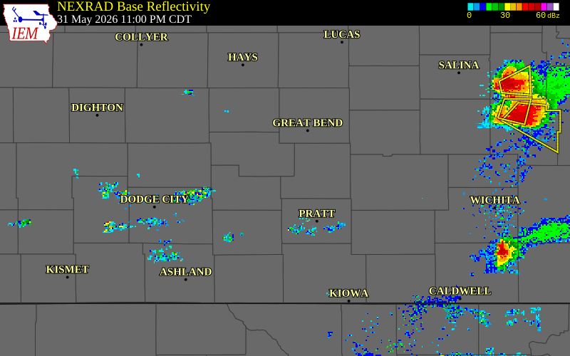 NEXRAD radar during the Sunday, May 31, 2026 storm activity in Stafford County, Kansas