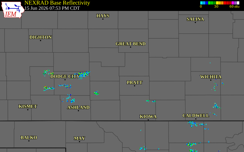 NEXRAD radar during the Monday, June 15, 2026 storm activity in Stafford County, Kansas