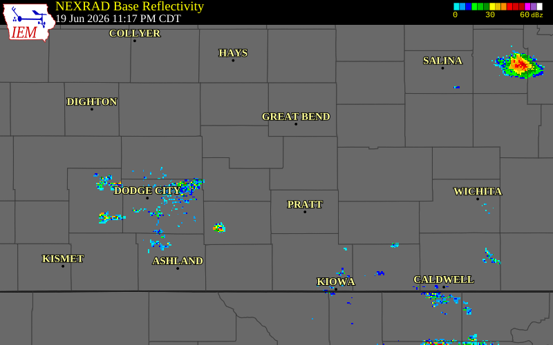 NEXRAD radar during the Friday, June 19, 2026 storm activity in Stafford County, Kansas