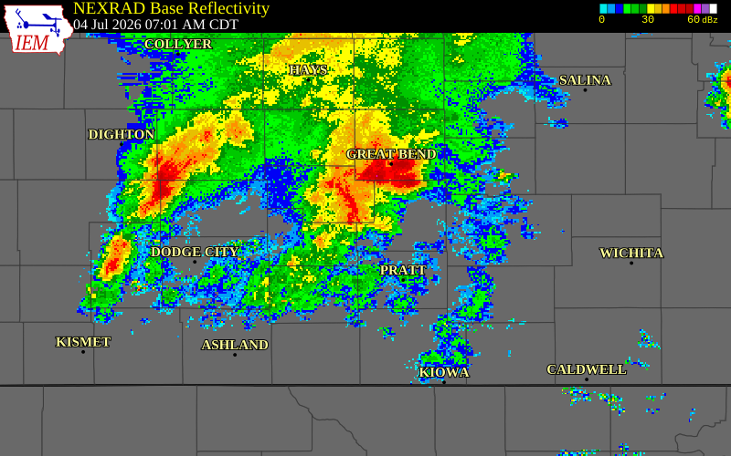 NEXRAD radar during the Saturday, July 4, 2026 storm activity in Stafford County, Kansas