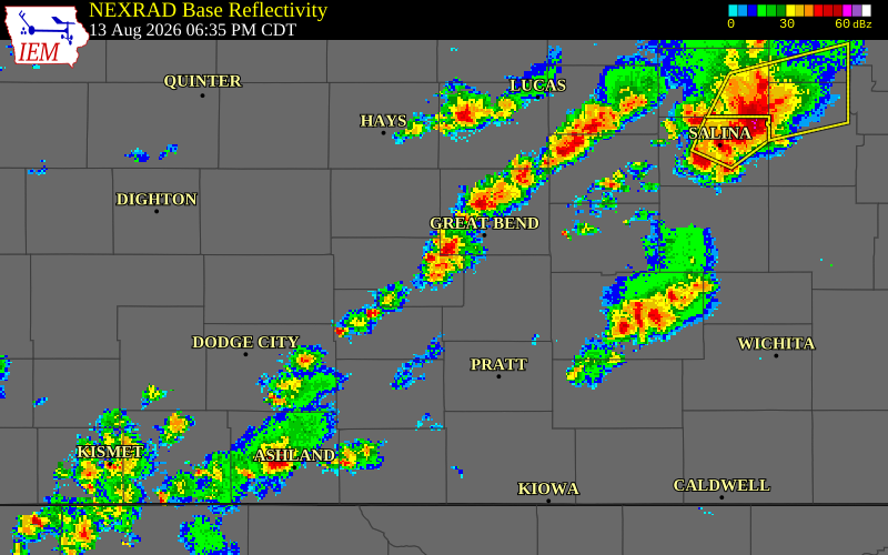 NEXRAD radar during the Thursday, August 13, 2026 storm activity in Stafford County, Kansas