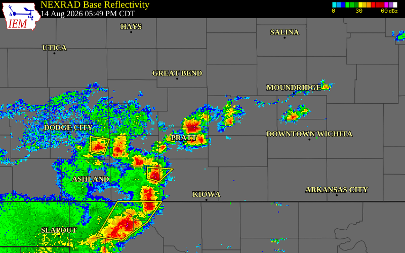 NEXRAD radar during the Friday, August 14, 2026 storm activity in Stafford County, Kansas