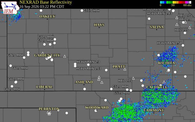 Current NEXRAD radar over Stafford County, Kansas with recent storm report locations