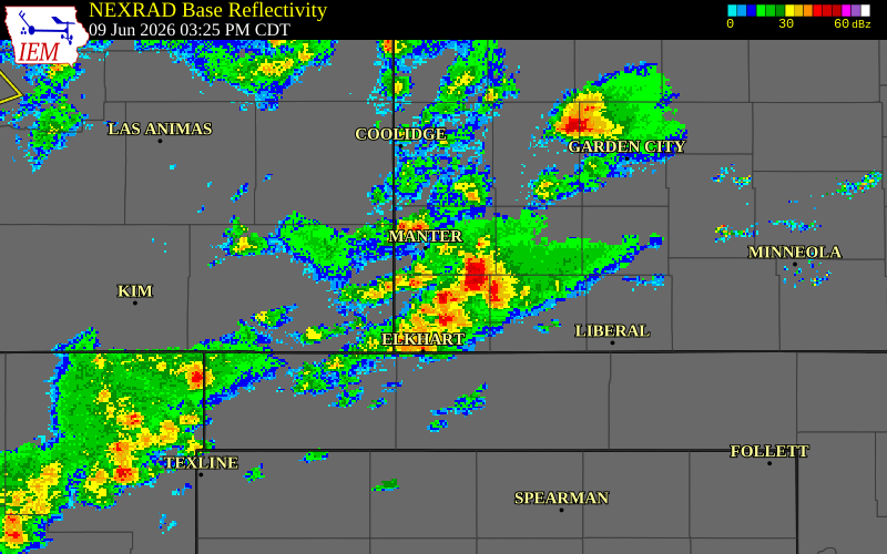NEXRAD radar during the Tuesday, June 9, 2026 storm activity in Stanton County, Kansas