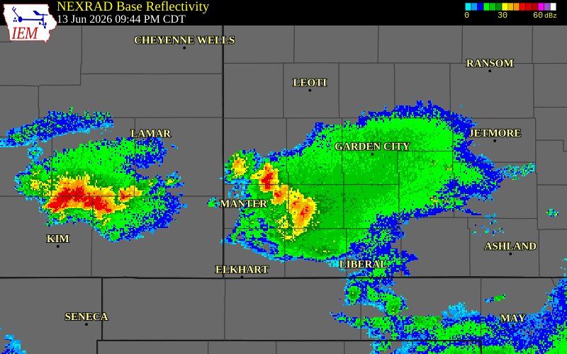 NEXRAD radar during the Saturday, June 13, 2026 storm activity in Stanton County, Kansas