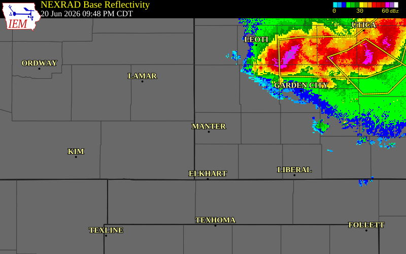 NEXRAD radar during the Saturday, June 20, 2026 storm activity in Stanton County, Kansas
