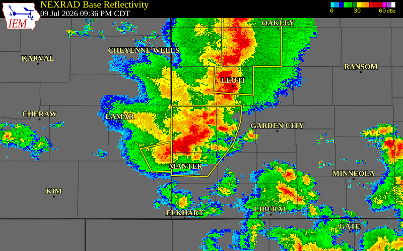 NEXRAD radar during the Thursday, July 9, 2026 storm activity in Stanton County, Kansas