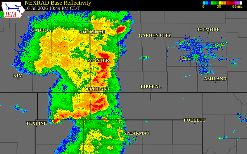 NEXRAD radar during the Friday, July 10, 2026 storm activity in Stanton County, Kansas