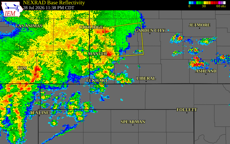 NEXRAD radar during the Tuesday, July 28, 2026 storm activity in Stanton County, Kansas
