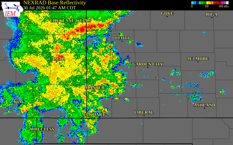 NEXRAD radar during the Thursday, July 30, 2026 storm activity in Stanton County, Kansas