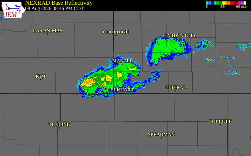 NEXRAD radar during the Saturday, August 8, 2026 storm activity in Stanton County, Kansas