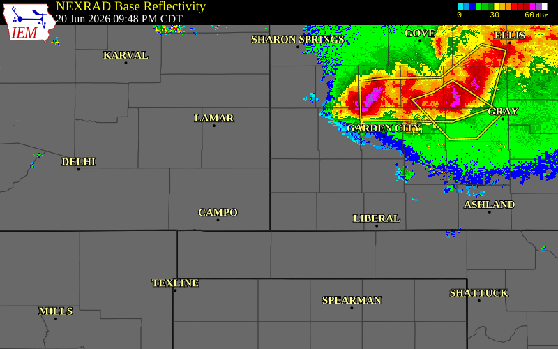 Radar snapshot during the Jun 20, 2026 hail event near 5 NW Manter, Stanton County, Kansas, with NWS warning polygons